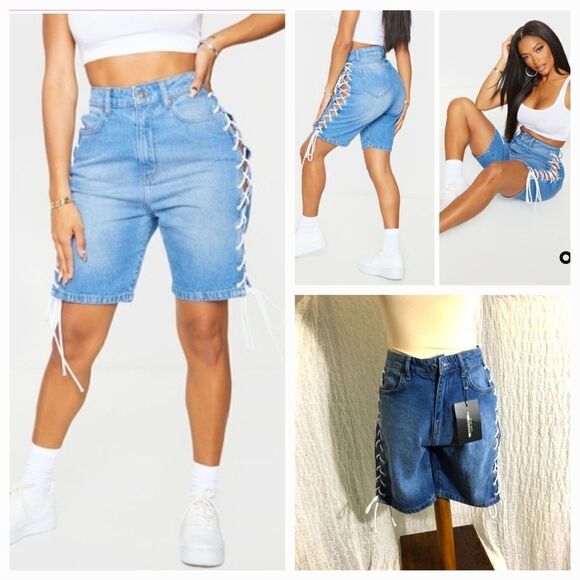 PrettyLittleThing Lace-Up Side Denim Shorts Size 2 - Picture 1 of 11